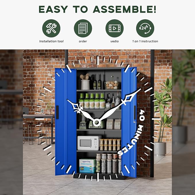 Greenvelly Metal Storage Cabinet, 72" Locking Metal Garage Storage Cabinet with Doors and 4 Adjustable Shelves, Lockable Steel Cabinet for Home Office, Garage, Shop, School (Blue 32" W x 16" D)
