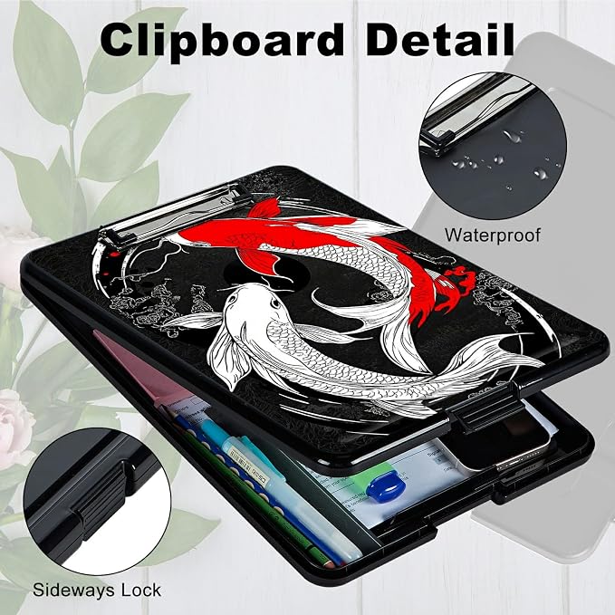 Red White Fish A4 Clipboard with Storage Pen Holder, Clipboards Organizer Nursing Clipboard Foldable File Folder Plastic Clipboard Folio Clip Board for Office Students Classroom Doctor