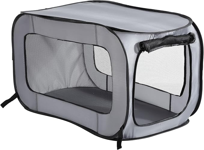 Portable Collapsible Pop Up Kennel, 32.5"L x 19.5"W x 19.5"H, Gray | Collapsible indoor/outdoor travel cat and dog crate with mesh screen windows pops up and folds flat for easy storage