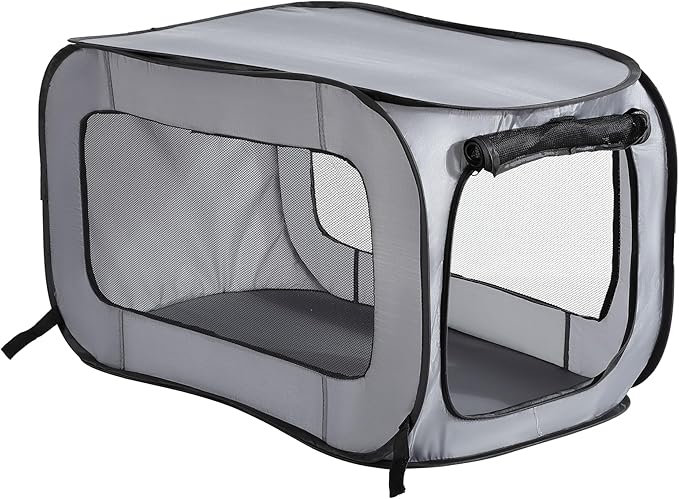 Portable Collapsible Pop Up Kennel, 36" L x 22" W x 22" H, Gray | Collapsible indoor/outdoor travel cat and dog crate with mesh screen windows pops up and folds flat for easy storage