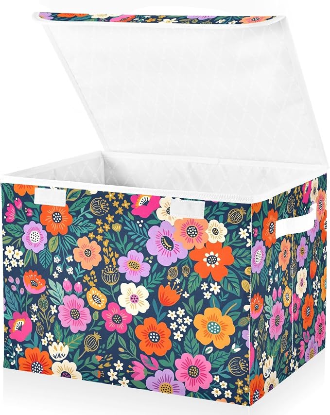 Tropical Flower Storage Bins with Lids Closet Bedroom 40L Fabric Bin | Decorative Storage Boxes, Foldable & Stackable, Dust-Proof Flip Top, Reinforced Handles, For Home & Dorm, Clothes & Toy Box