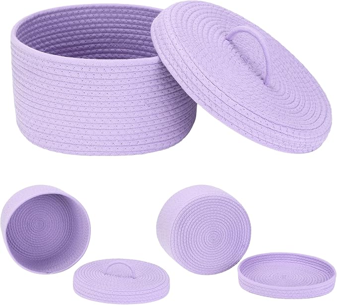 Sea Team Round Storage Basket, Woven Cotton Rope Basket with Lid, Lavender | Decorative Knitted Storage Bin, Multi-Purpose Lidded Organizer for Closet Shelves, Nursery and Household Storage
