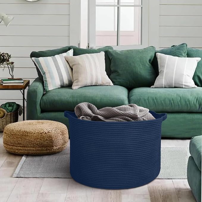 Dark Blue Basket for Organizing, 22" x 14" Extra Large Woven Cotton Rope Laundry Basket, Blanket Storage for Living Room Bedroom, Big Nursery Kids Toy Box Organizer, Pool Towel Storage Bin