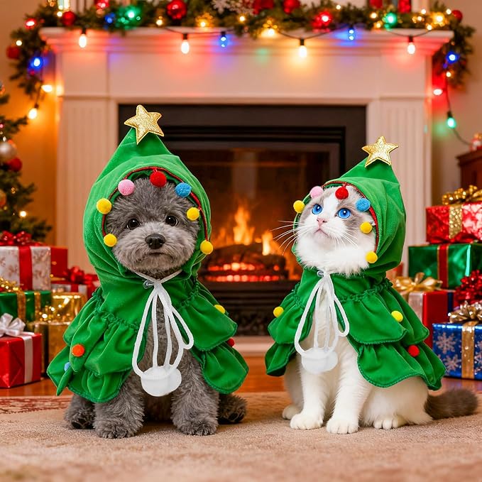 BEAUTYZOO 2 Pack Dog Christmas Costume with Santa Hat for Small Dogs Cats, Dog Christmas Outfit, Cute Pet Xmas Tree Costume Clothes, Puppy Xmas Hoodie Cloak, Cat Holiday Cosplay Dress, Green