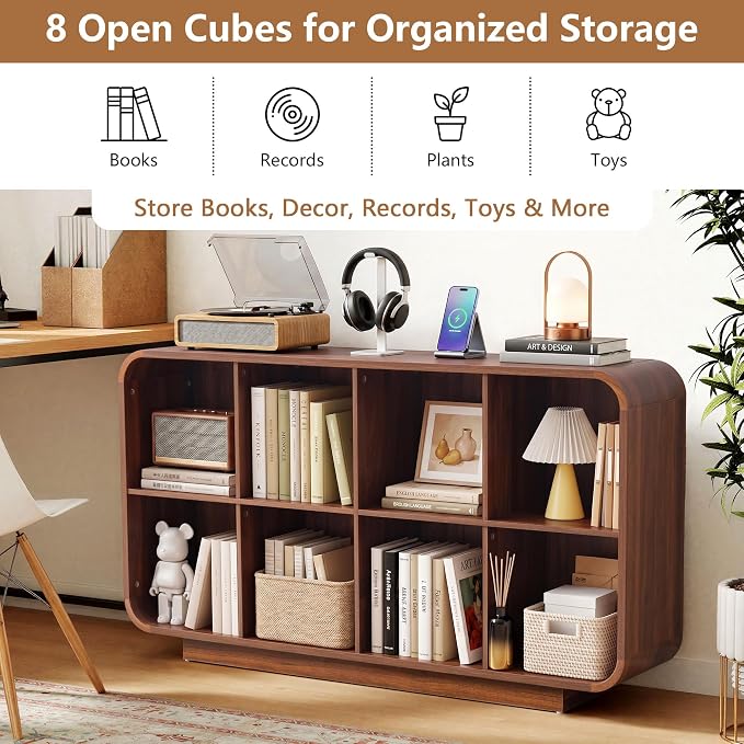 Cube Storage Organizer with Base, 8 Cube 2-Tier Bookcase, Wooden Floor Standing Storage Shelf with Rounded Corners, Anti-Tip Kit, Low Lattice Organizer for Home Office Living Room, Walnut