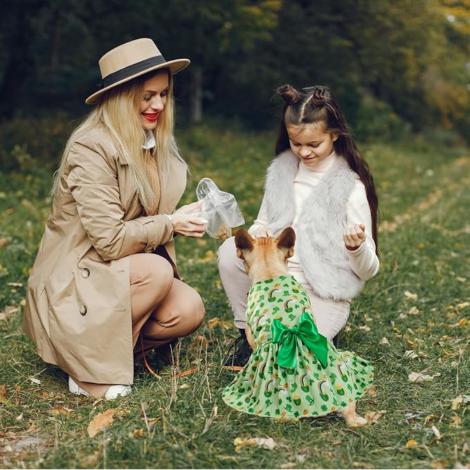 St. Patrick's Day Dog Costume Dress L, Green Clover and Horseshoe Print with Satin Bow, Pet Dress for 11-13 lbs Dogs and Cats, Festive Holiday Clothing