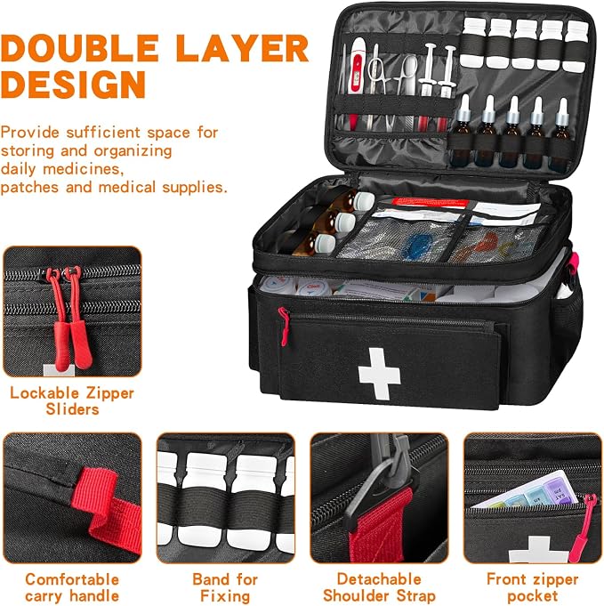 Boczif First Aid Bag Empty, Emergency Kit Bag(black with shoulder strap) | Pill Bottle for Emergency Trauma Medical Kits Supplies Waterproof, Ideal for Home, Travel, Outdoor