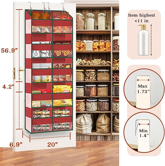 Over The Door Organizer 5 Tiers Extra Large Behind Door Storage of 10 | 80 lbs Weight Capacity Hanging Storage Organizer with Clear Window Kids Toys, Shoes, Diapers, Red