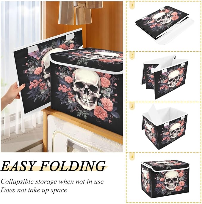 Skull Storage Bins with Lids and Carrying Handle,Foldable Storage Boxes Organizer Containers Baskets Cube with Cover for Home Bedroom Closet Office