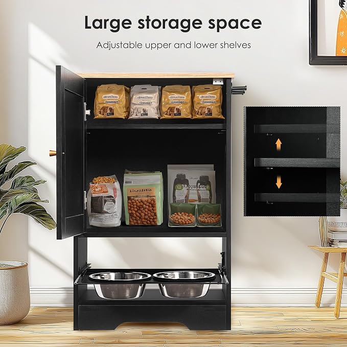 Dog Food Storage Cabinet with Feeding Station, 2 Elevated Stainless Steel Bowls & Side Hooks, Hidden Pet Feeder Organizer with Anti-Tip Design, Black Vintage