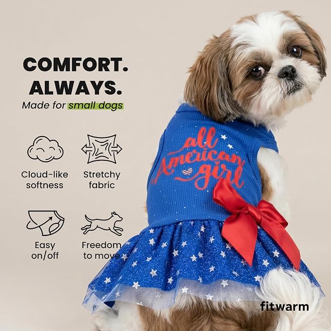 Fitwarm All American Girl Dog Dress, 4th of July Dog Clothes for Small Dogs Girl, Patriotic Dog Tulle Dress, Pet Outfit, Royal Blue, Red, White, XS
