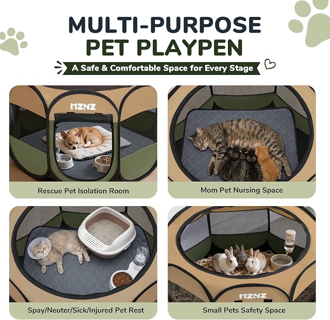 Dog Cat Small Animal Puppy Playpen with Pee Pad, Small, Olive Green | Portable Pop Up Pet Cage Enclosure Tent Kennel Indoor Outdoor with Carrying Case, No Assembly, Camping Use