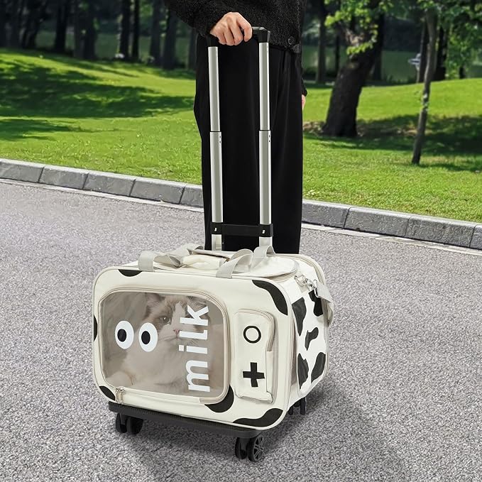 Pet Trolley Bag with Wheels & Retractable Handle, Cow Print Pet Carrier for Cats Small Dogs, Foldable Travel Carrier with Ventilation Windows, 22 Lb Capacity, Airline Approved Pet Bag