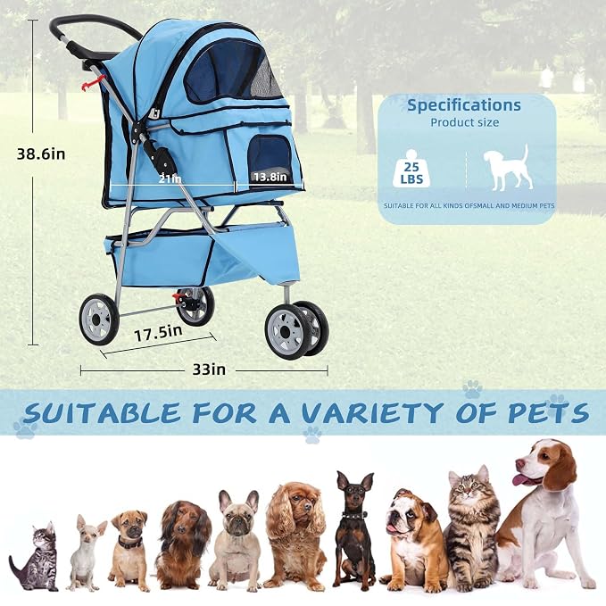 Dog Stroller With Storage Basket,3 Wheels Pet Stroller,Breathable Compact Portable Folding Carrier For Travel,Camping,Dog Carrier For Small Medium Dogs Or Cats,Lightweight Waterproof Pet Stroller,BLUE