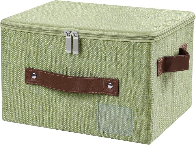 ANMINY Small Storage Box Fabric Bins with Zipper Lid, 10"x8"x7" Green | Keepsake Box, Decorative, Cotton Linen, Reinforced PP Board Frame, Washable, Stackable & Foldable, Label Holder & PU Handles