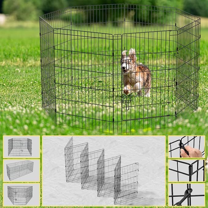 Artmalle Dog Playpen 36 Inch, 8-Panel Rustproof Foldable Fence with Door | Rustproof 8-panel metal playpen with door folds flat, sets up tool-free, and forms multiple shapes for indoor or outdoor use.