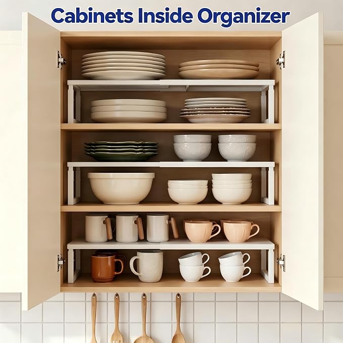 Expandable Cabinet Shelf Organizer, Stackable Countertop Shelves, White | 15.8''- 25.5'' In Cabinet Shelf, Adjustable Kitchen Cabinet Organizer for Pantry Organizer, CupBoard Organizers and Storage