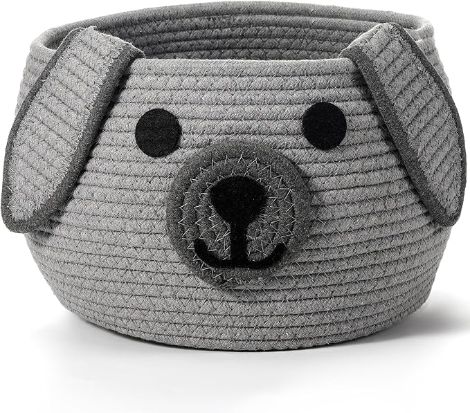 Zopeal Woven Dog Basket with Handle Toy Storage, Gray, 13 x 8 Inch | Pet Gift Basket, Toys Storage Organizer, Cotton Rope Rectangular Bin, Keeps Puppy Items Organized, Sturdy Handles