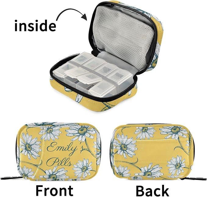 Custom Pill Box 7 Day Pill Case Bag Daisy Flowers Personalized Name Travel Pill Organizer Bag with Zipper Portable Weekly Case Compact Size for Vitamin Supplement Holder