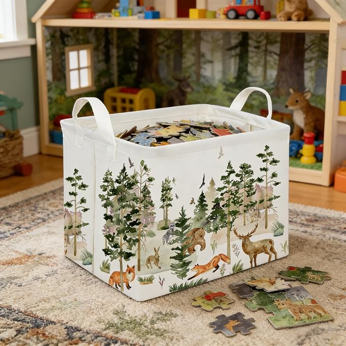 Rectangular Woodland Animal Basket Storage Basket,Bear Fox Gift Box Bin Shelf Book Woodland Room Decor,Gift Baskets(Tree animals)
