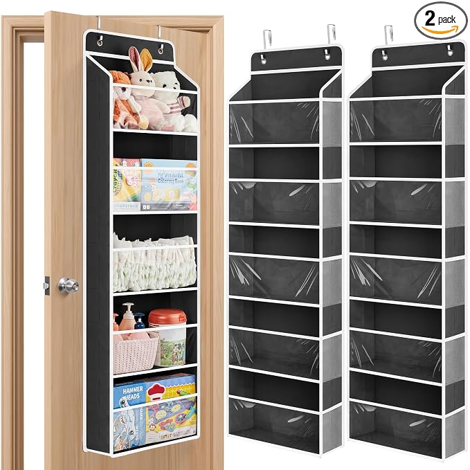 JARLINK Over The Door Toy Storage Organizer w/Clear Window, Black, 2 Pack | Anti-Tilt 44 lb Load Capacity, Baby Toy Storage Organizer for Stuffed Animals, Nursery, Kid Bedroom, Newborn Baby Essentials