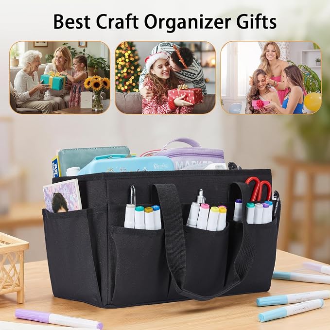 Craft Organizer Tote Bag, Art Storage Caddy with Multiple Pockets | Art Supplies Storage, Sewing Bag, Scrapbooking for School, Home and Office (Black)