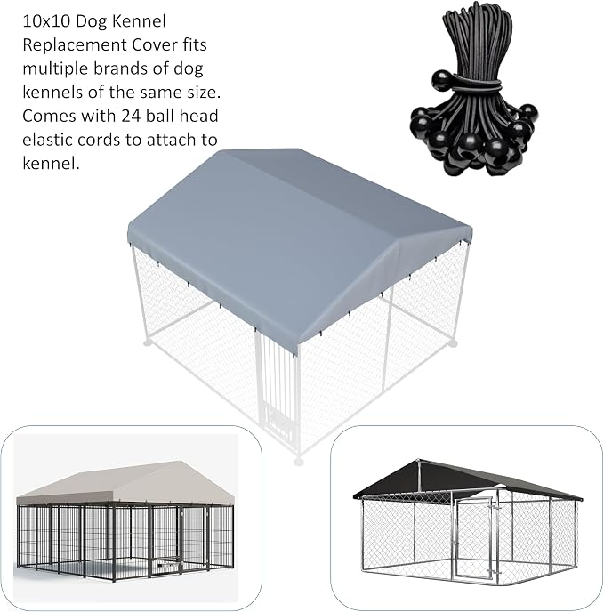 Outdoor Dog Kennel Cover 10'W x 10'L Replacement Dog Kennel Cover Gray | 600D Silver-Plated Waterproof UV-Protective Oxford Fabric Includes a Ball-Ended Elastic Lanyard (Frame Not Included)