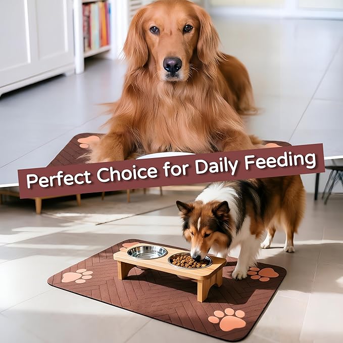 Pet Feeding Mat-Absorbent Dog Feeding Mat for Food and Water Bowl,No Stains Pet Placemat,Quick Drying Water Dispenser Mat for Dog and Cat,Easy to Clean Dog Accessories(M,Dark Brown)
