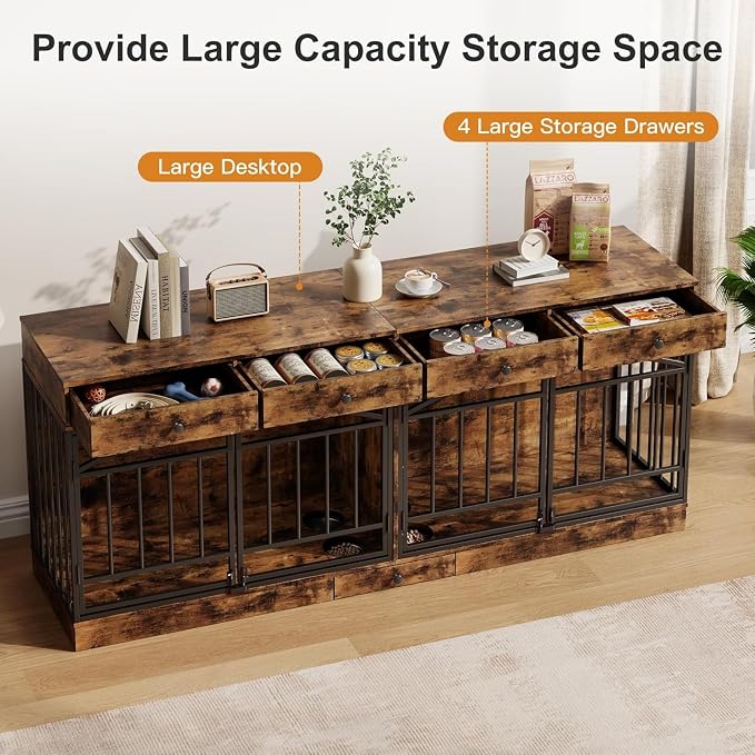 Dog Crate Furniture for 2 Dogs, Double Dog Crate TV Stand, Brown | 78.7'' Large Dog Kennel Indoor, 4 Storage Drawers and Feeding Bowls, Pet Kennel for Small and Medium Dogs