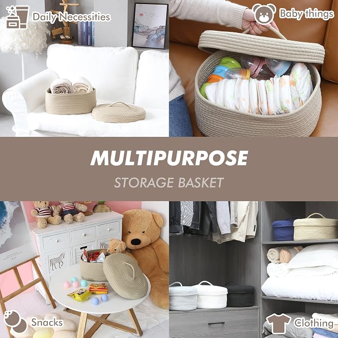 Sea Team Oval Storage Basket, Woven Cotton Rope Basket with Lid, Khaki | Decorative Knitted Storage Bin, Multi-Purpose Lidded Organizer for Closet Shelves, Nursery and Household Storage