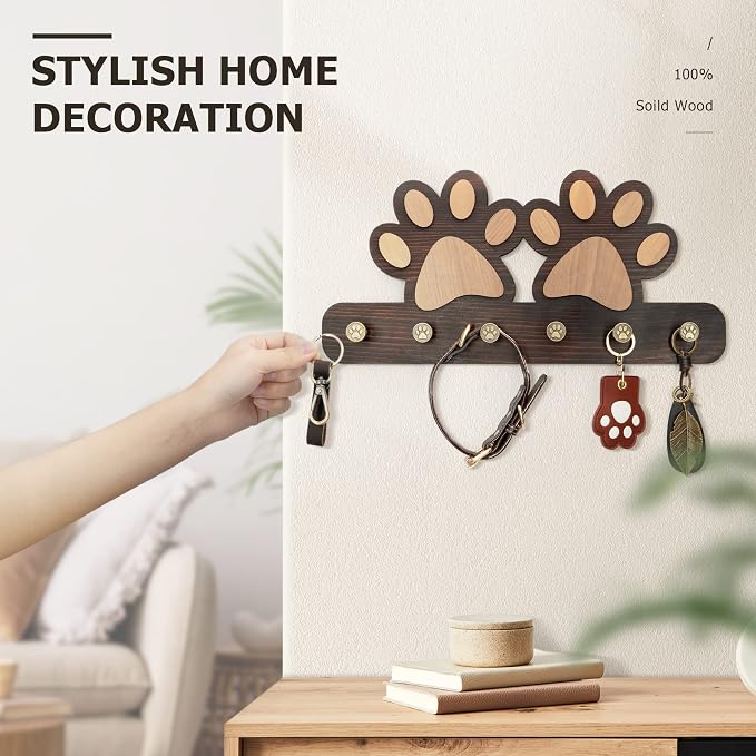 MTERSN Cute Dog Leash Holder for Wall for Apartment Essentials, Dark Brown | Acacia Wood, 3D Pet Claw Hooks, Wall Key Holder with 6 Hooks Dog Leash, Ideal for Wall Decor, Gift Idea for Dog Lovers