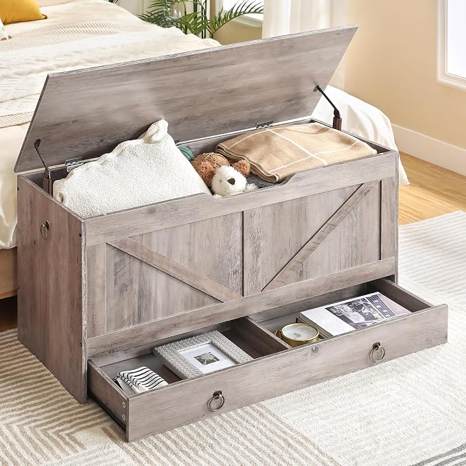 HOOBRO Storage Chest, 39.3" Toy Chest with Drawer, Wooden Storage Bench, Sturdy Entryway Bench Supports 220 lb, Safety Hinge, U-Shaped Opening, Easy Assembly, Greige BG710CW01G2