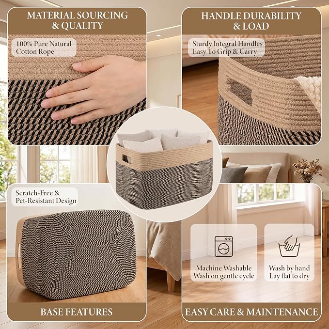 96L XL Large Cotton Rope Basket, Soft Toy Storage Bin for Nursery & Living Room, Decorative Blanket Basket for Bedroom, Baby-Safe Organizer for Pillows &Laundry, 24''×16''×15'', Brown & Black
