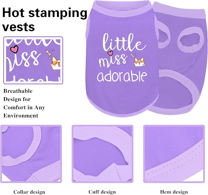 Cotton Dog Shirt with 'Little Miss Adorable' Corgi Head Print, Soft & Breathable Pet Apparel for Small, Medium, and Large Dogs, All-Season Sleeveless Vest, Cute and Comfortable Dog Outfit.Purple 4XL