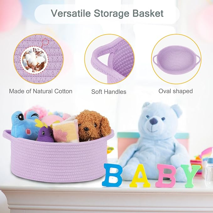 COMSE Empty Small Gift Basket with Bag & Ribbons, Purple | Cotton Rope, 12"x 8"x 5", Baby Toy Organizer, Stores Small Items for Bedrooms, Nurseries, Bathrooms, Living Rooms, Offices
