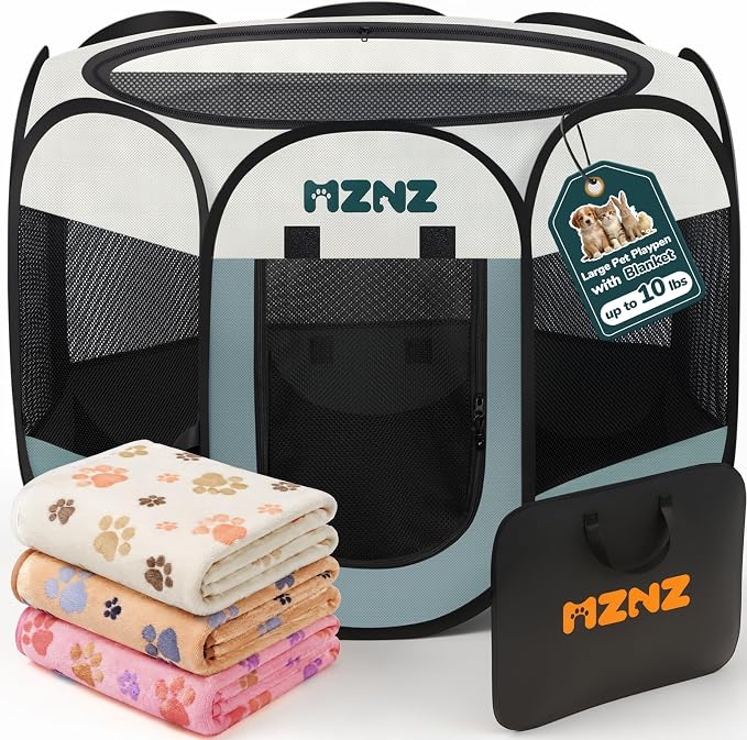 Dog Cat Small Animal Puppy Playpen Crate with 3 Blankets, Small, Grey | Portable Pop Up Pet Cage Enclosure Tent Kennel Indoor Outdoor with Carrying Case, No Assembly, Camping Use