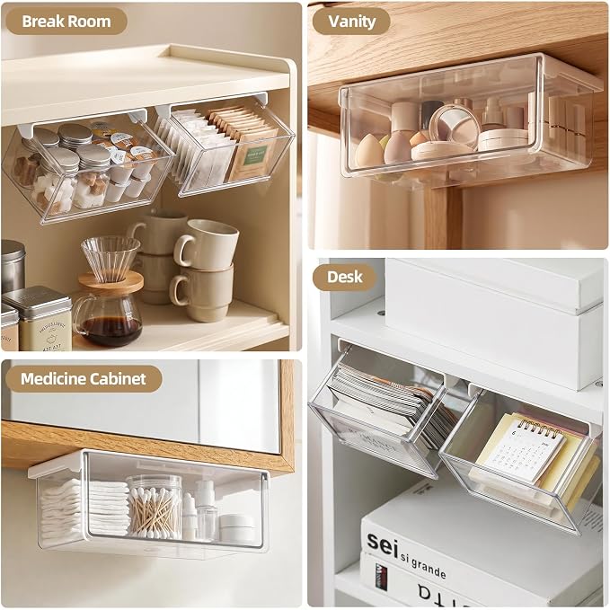 Adhesive Drawer Organizer for Under Medicine Cabinet, Clear | No-Drill, Smooth Pull-Out, 33° Tilted Design, Easy Access, Space Saving Storage, for Bathroom, Kitchen & Vanity