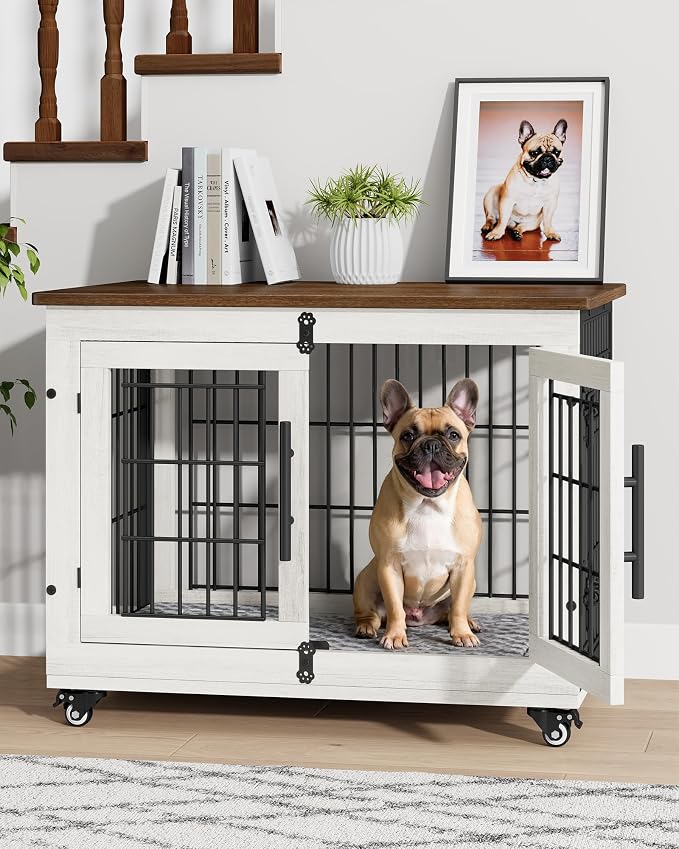 YaFiti Dog Crate Furniture, 32.5” Wooden Indoor Dog Kennel, White | Cushion, Wheels, Double Doors, Furniture Style, Side End Table, Decorative Pet Cage House, Up to 45 lb, for Small/Medium Dogs