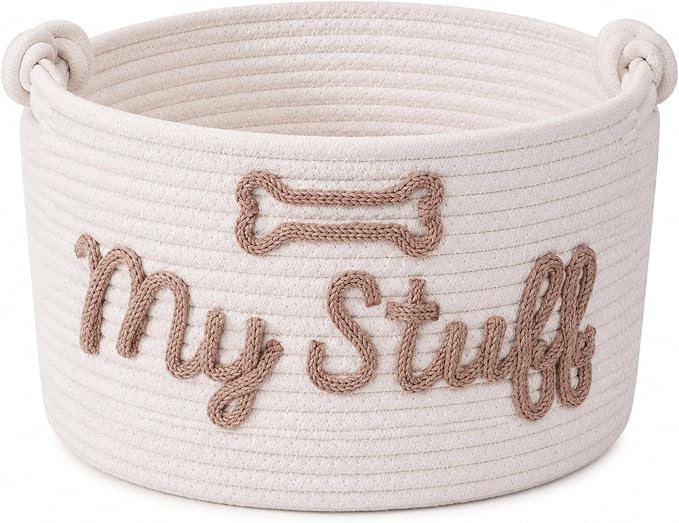 JUPPE Pet Dog Basket with Personalized Name, Dog Toys Storage Organizer Custom Cotton Rope Basket Nursery Decor (White pet basket)