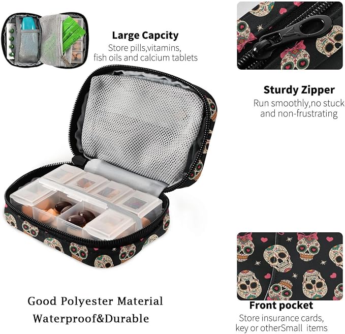 Fustylead Mexican Sugar Skull Wear Bow Tie and Hearts Stars Travel Pill Organizer Bag with Zipper Small Pill Box 7 Day Pill Case for Purse Storage Weekly Vitamin Medicine Supplement