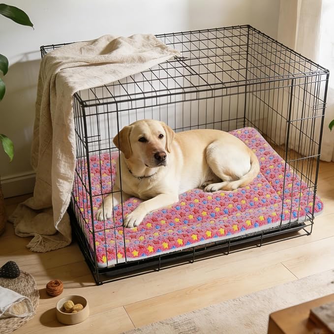Mora Pets Dog Crate Pad Bed Ultra Soft Pet Mat Star Print Pink 35 x 23 Inch | Washable Crate Mat for Small Medium Large Dogs, Reversible Fleece Dog Crate Kennel Mat Flat Cat Bed Liner