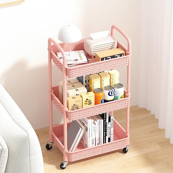 MOYIPIN 3-Tier Plastic Rolling Utility Cart with Handle,Utility,Pink | Utility Storage Cart for Office, Living Room, Kitchen,Movable Storage Organizer，Easy installation，Rattan-like art design