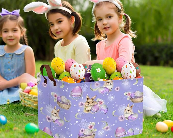 Large Rectangular Easter Baskets Empty Waterproof Boy Toy Box Foldable Kid's Gifts Storage Bin Spring Room Decor(Purple Fireworks Rabbit Egg)