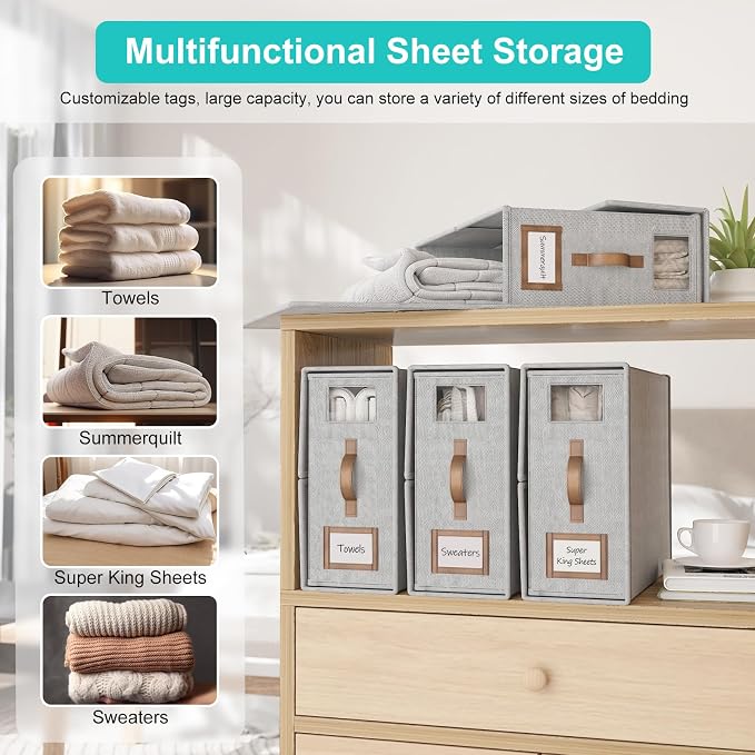 8 Pack Bed Sheets Organizers And Storage,Sheets Set Folder Keeper with Handle,Foldable Bedding Storage Box For Linen Closet,Duvet Cover(Cal King Size-5.2 Gal,Gray)