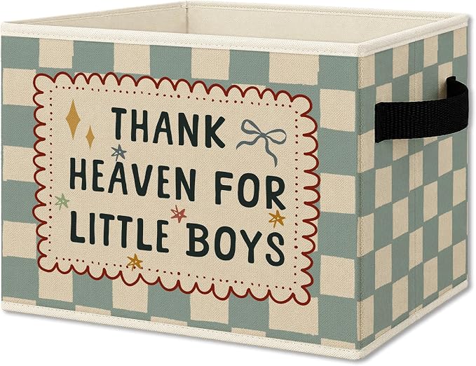 Boy Nursery Cube Storage Bins with Handles, Thank Heaven for Little Boys Blue Checkered Collapsible Fabric Storage Basket Boxes Books Clothes Organizer for Kids Boys Room Bedroom Bathroom