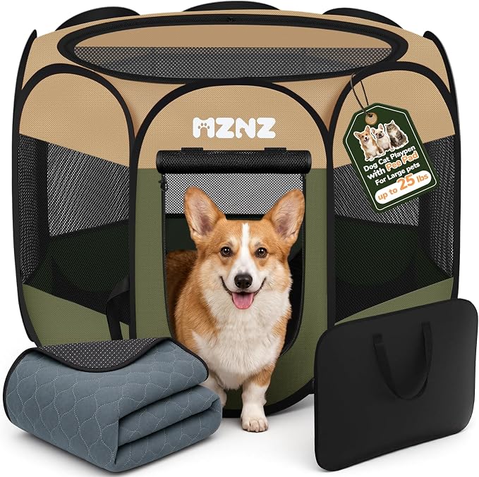Dog Cat Small Animal Puppy Playpen with Pee Pad, Medium, Olive Green | Portable Pop Up Pet Crate Cage Enclosure Tent Kennel Indoor Outdoor with Carrying Case, No Assembly, Camping Use