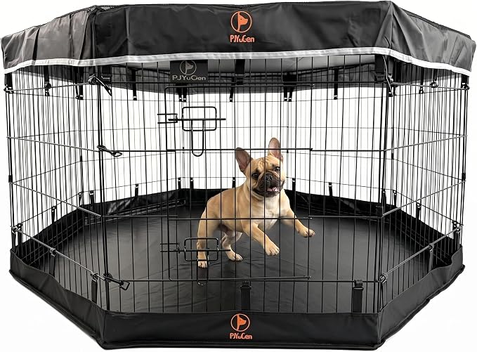 PJYuCien Puppy Playpen with Top Cover & Bottom Pad, 8 Panels 30" H, Black | 24"W, Small Pet Safe Sanctuary, Foldable Octagonal Pen, Versatile, Indoor & Outdoor, Backyard Pasture, Protects Floors