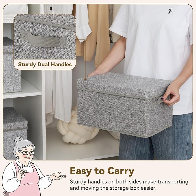 GRANNY SAYS Storage Bins with Lids, Decorative Storage Boxes with Lids | Storage Box with Dust Cover, Handles & Lable, Collapsible, Ideal for Closet Clothes Blanket Toys, Medium, Ash Gray, 3-Pack