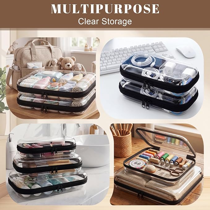 12 Pack Clear Hard Shell Zipper Case with 40 Labels, X-Large/Medium/Small Stackable Clear Pouches, Crush-resistant Travel Toiletry Bag Organizer for Makeup Board Games Electronics (Black)