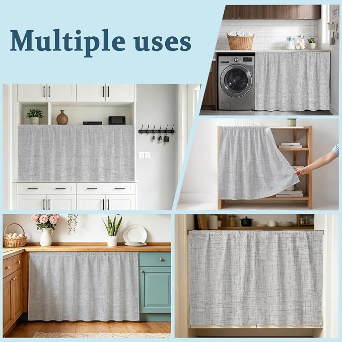Cabinet Curtains 28x51inch Sink Skirt, Modern Minimalist Gray Desk Skirt for Kitchen Bathroom Shelves, Country Linen Style Privacy Cabinet Curtain Self Stick Adhesive Under Sink Skirts